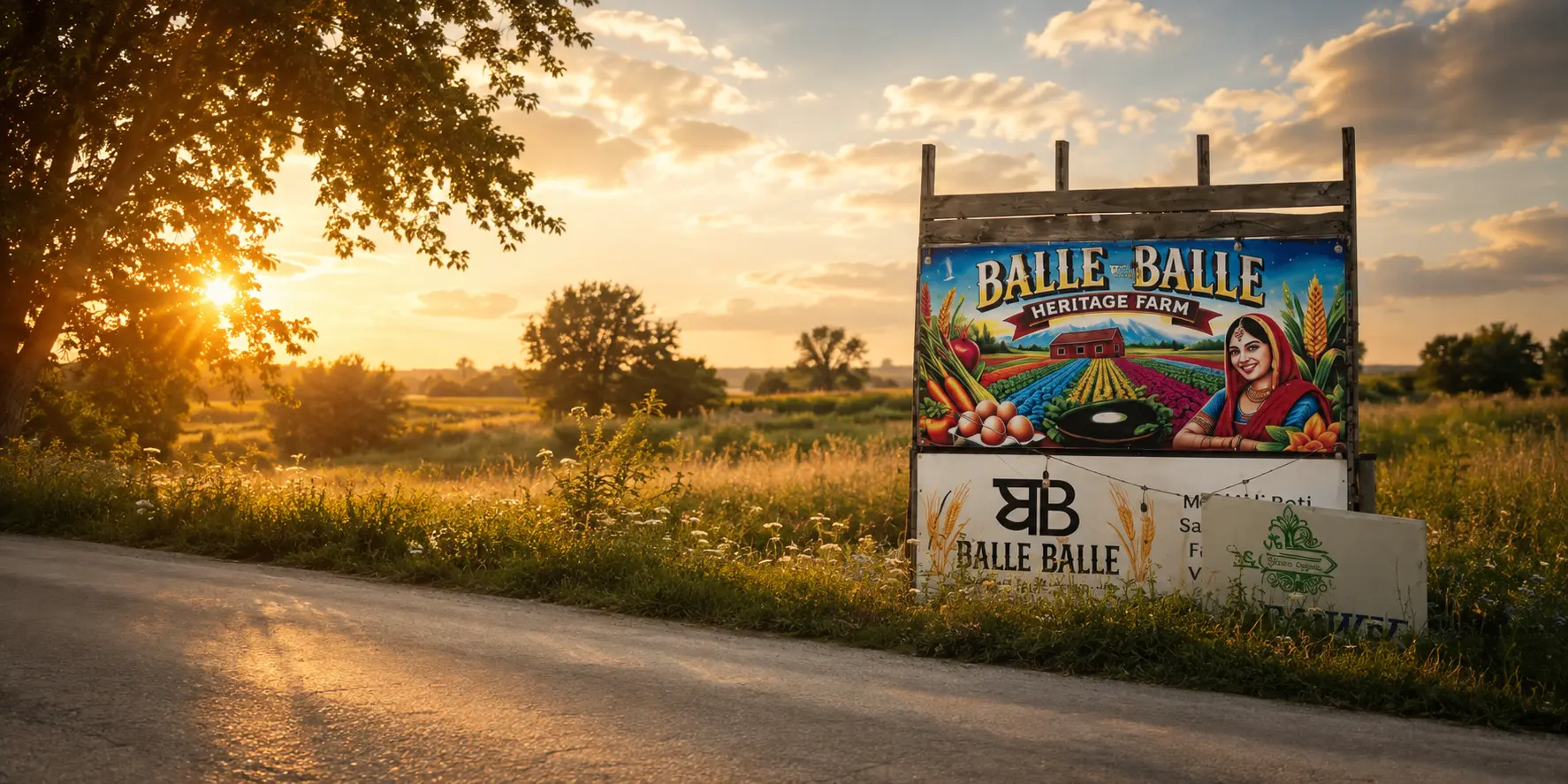 Balle Balle Heritage Farms entrance sign at sunset