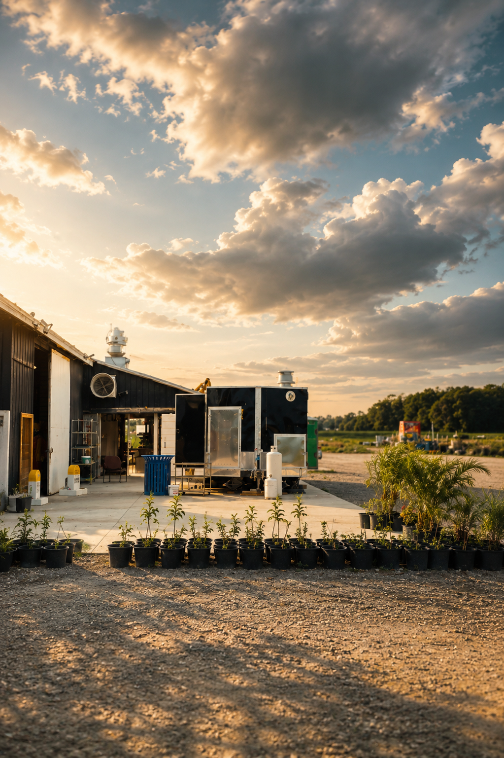 Balle Balle Heritage Farms barn and plant nursery at golden hour