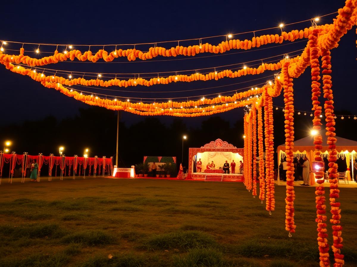 Farm celebration decorated with marigolds and string lights