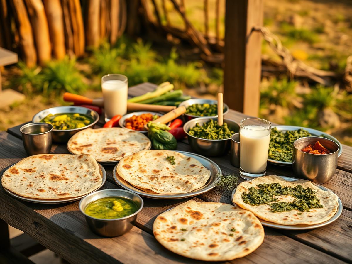 Punjabi-style farm food served on a rustic table