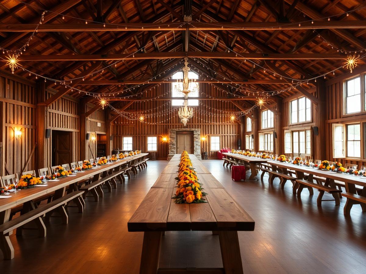 Indoor hall set up for a family gathering at the farm